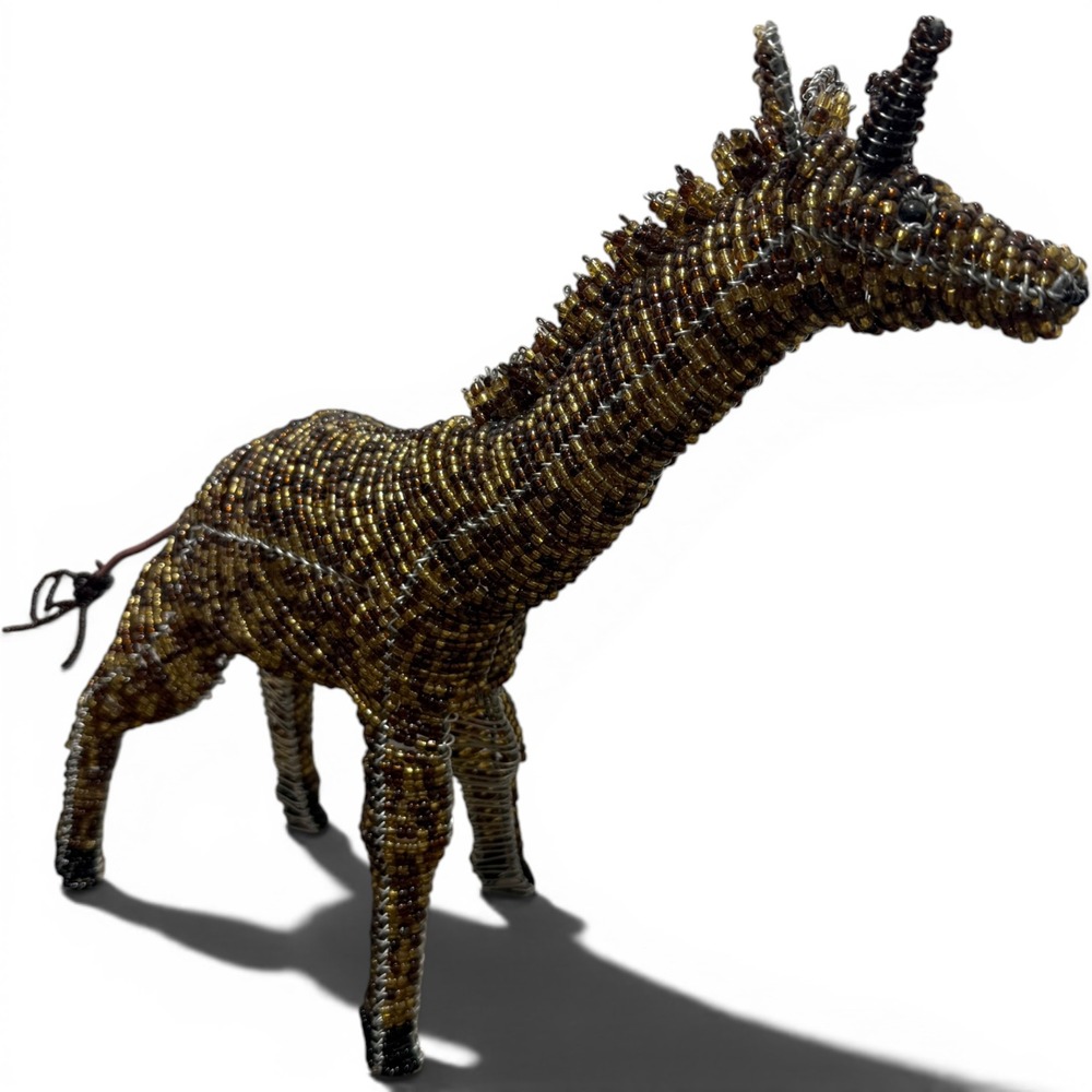 Handmade Beaded Wire Giraffe Sculpture Brown Glass Bead Folk Art Figurine 13in